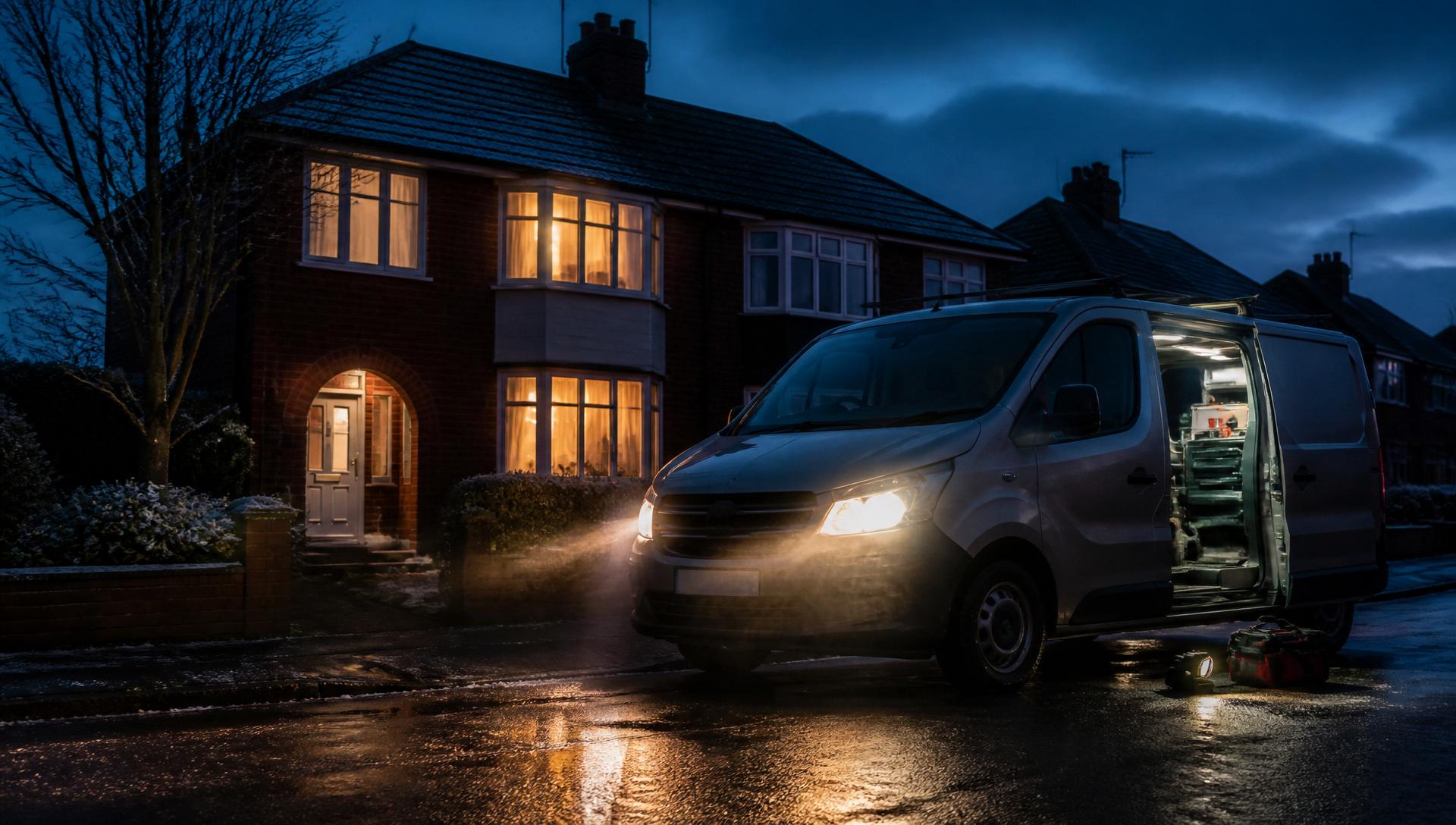Emergency Boiler Callouts in Bredbury - Engineer's van with lights on outside a British home at dusk on an emergency boiler callout