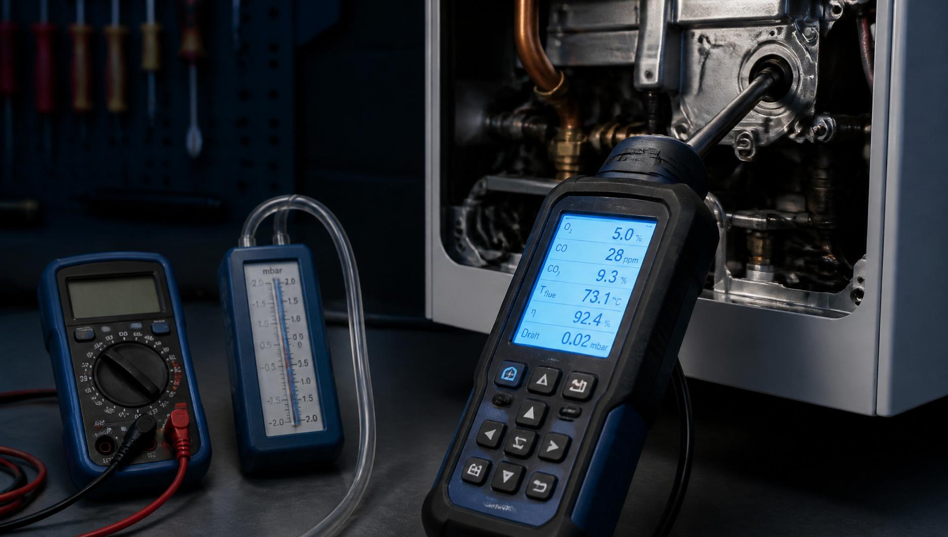 Boiler Fault Diagnosis in Bredbury - Flue gas analyser and manometer used to diagnose a boiler fault