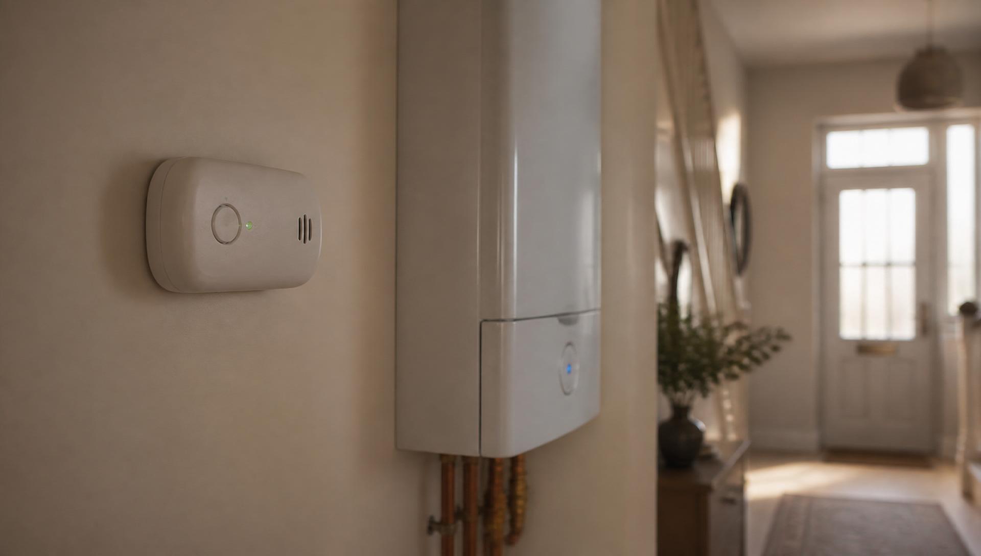 Homeowner Gas Safety Checks in Bredbury - Carbon monoxide alarm mounted next to a modern combi boiler in a UK home hallway