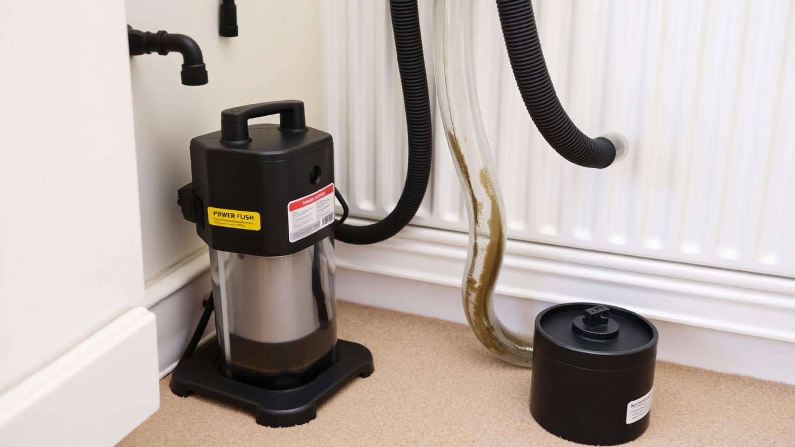 Powerflushing pump connected to a radiator clearing black sludge from a central heating system